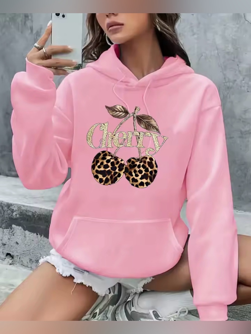 Pink Cherry Graphic Hoodie Sweatshirt